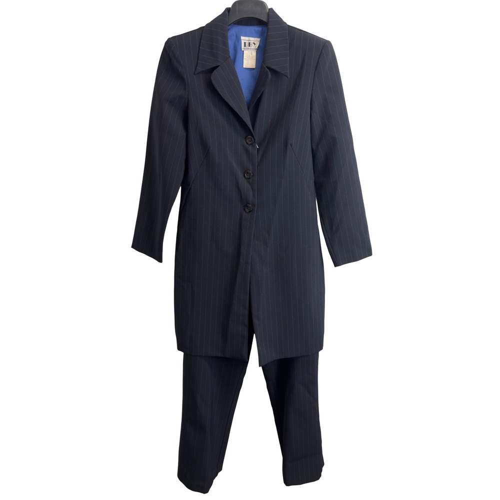 DBY Ltd Vintage Womens Pinstripe Longline Blazer and Pants Suit Set Navy Blue 7